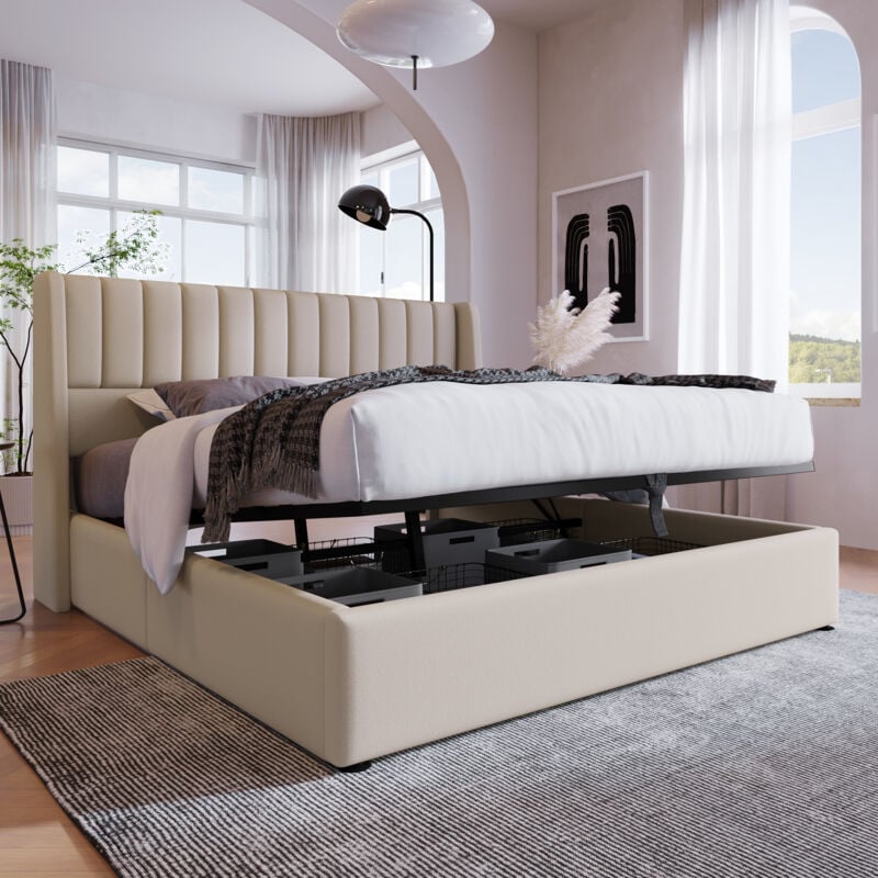 foto del prodotto letto contenitore imbottito con rete a doghe, lino 180x200 cm, beige, senza materasso