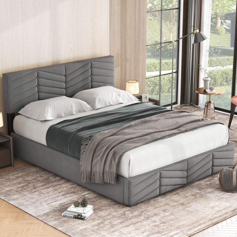 foto del prodotto letto contenitore imbottito con testiera regolabile, velluto 140 x 200 cm, grigio