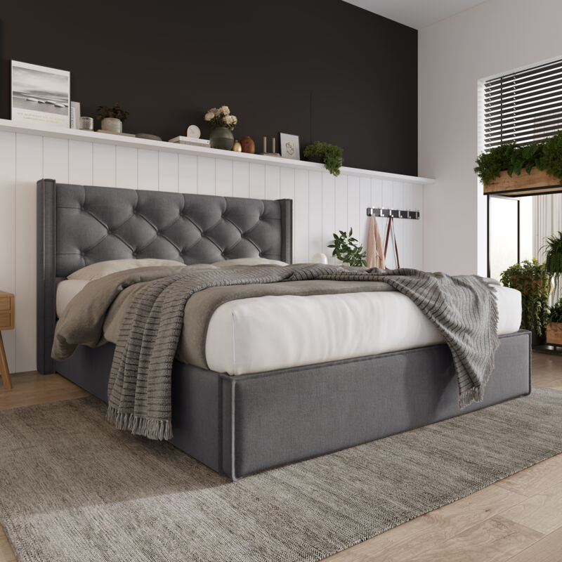 foto del prodotto letto contenitore imbottito e idraulico, con rete a doghe e testiera, 140 x 200 cm, grigio, senza materasso