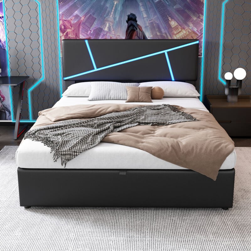 foto del prodotto letto contenitore imbottito idraulico, confortevole, con led, pu 140 x 200 cm, nero
