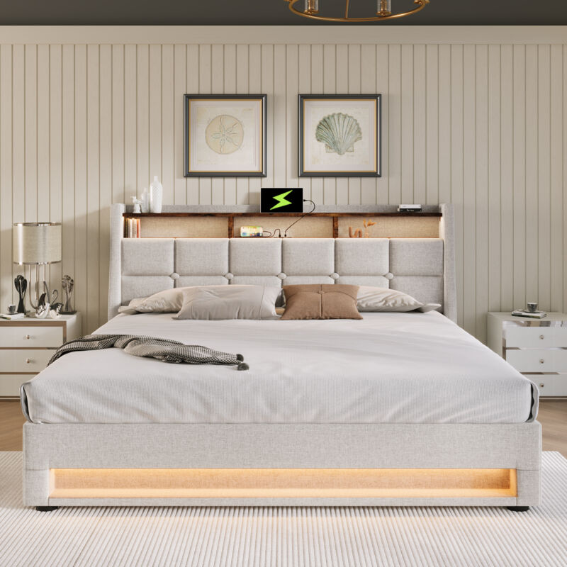 foto del prodotto letto contenitore imbottito matrimoniale teen bed 140 x 200 cm con usb e led, base in metallo, struttura in lino, beige, senza materasso