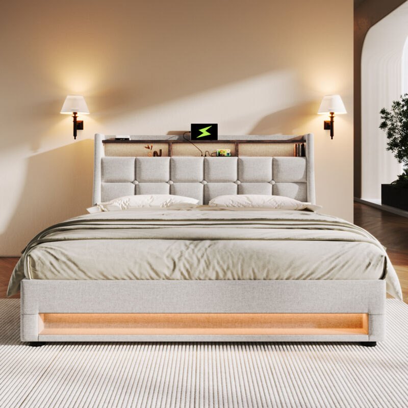 foto del prodotto letto contenitore imbottito matrimoniale teen bed 160 x 200 cm con usb e led, base in metallo, struttura in lino, beige, senza materasso