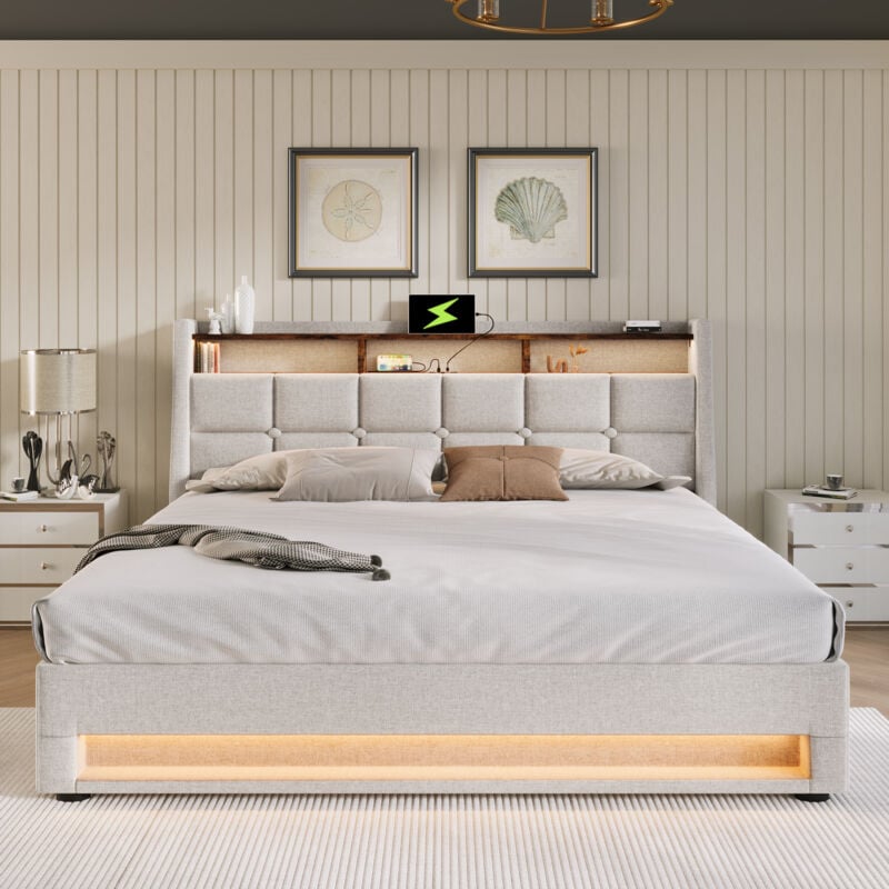 foto del prodotto letto contenitore imbottito matrimoniale teen bed 180 x 200 cm con usb e led, base in metallo, struttura in lino, beige, senza materasso