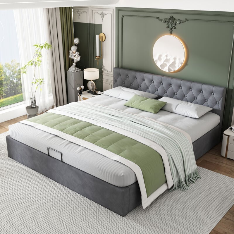 foto del prodotto letto contenitore in velluto, contenitore, rete a doghe in legno, letto matrimoniale, 180x200cm, grigio