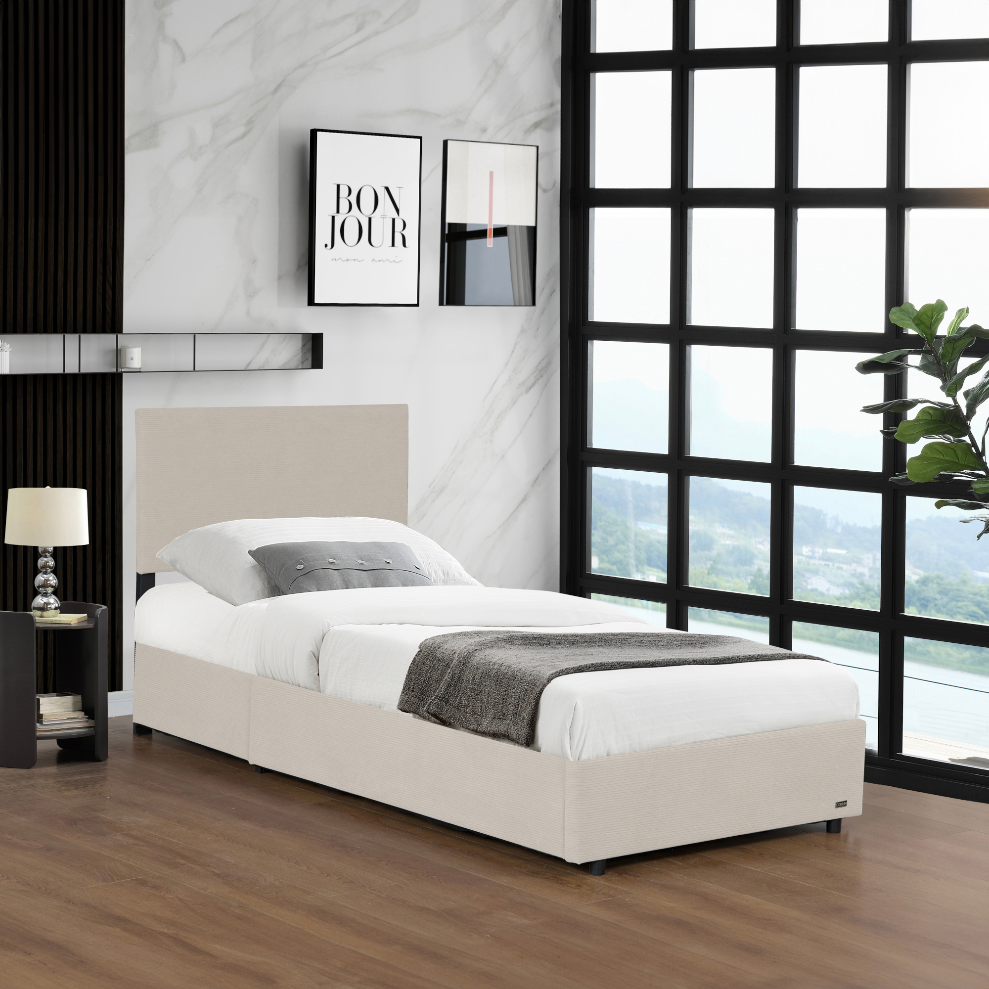 foto del prodotto letto contenitore juva con apertura a ribalta letto singolo 90x200 cm velluto a coste beige corium