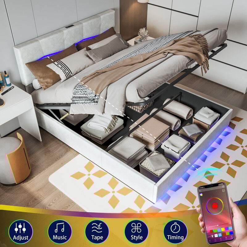 foto del prodotto letto contenitore led 160x200cm con rete a doghe e testiera regolabile rgb, porte usb, pu beige