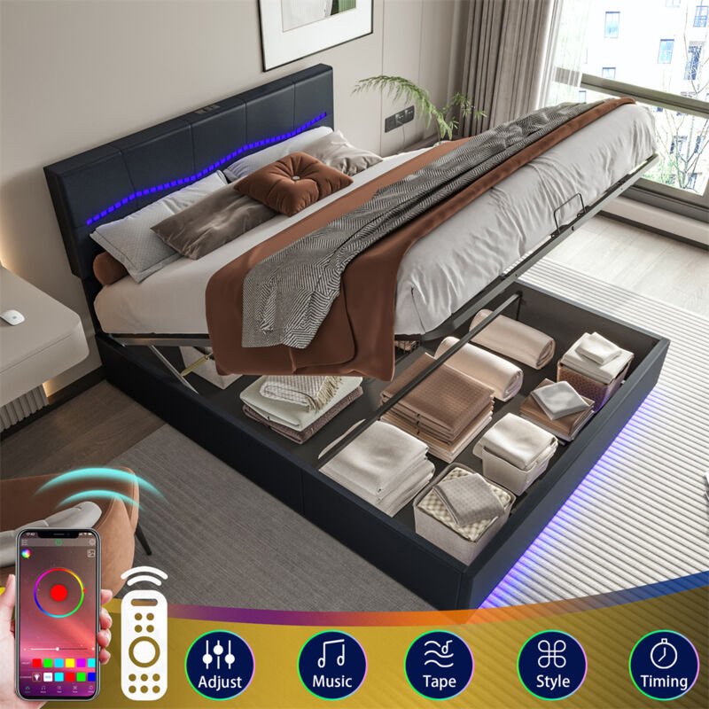 foto del prodotto letto contenitore led 160x200cm con rete a doghe e testiera regolabile rgb, porte usb, pu nero