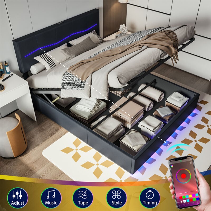 foto del prodotto letto contenitore led 180x200cm con rete a doghe e testiera regolabile rgb, porte usb, pu nero
