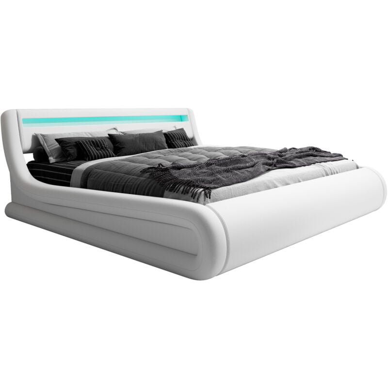 foto del prodotto letto contenitore letto con testiera e rete struttura letto con led bianco opaco llegno ed ecopelle modello nitas per materasso 180x200