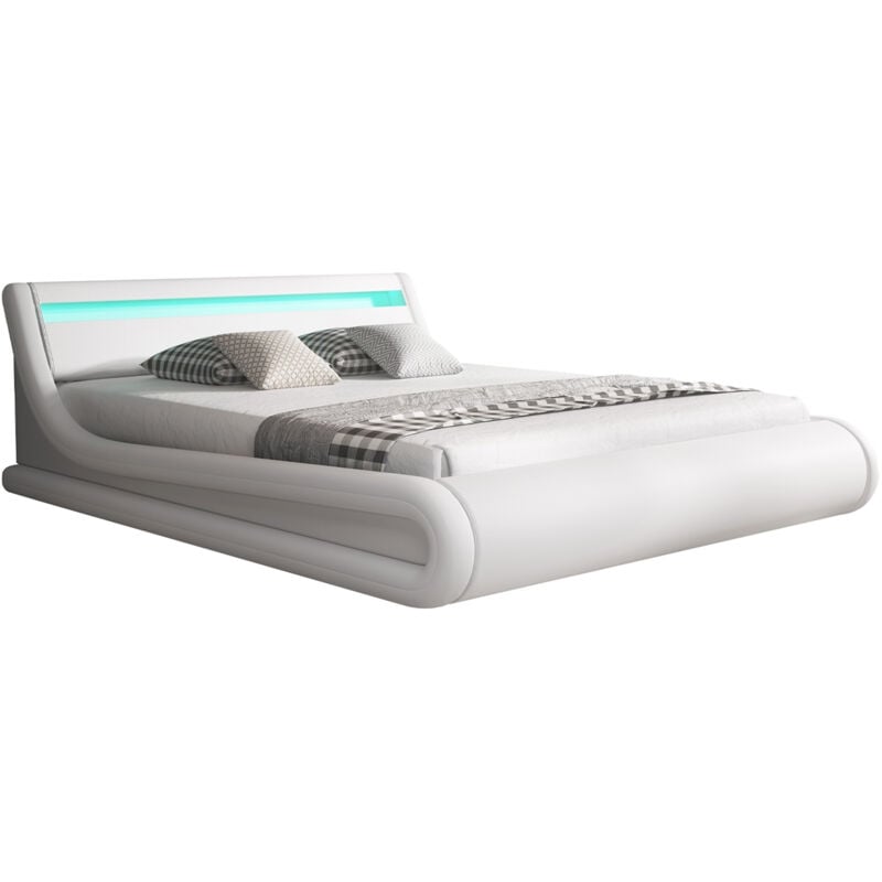 foto del prodotto letto contenitore letto con testiera e rete struttura letto con led bianco opaco llegno ed ecopelle modello parisina per materasso 180x200