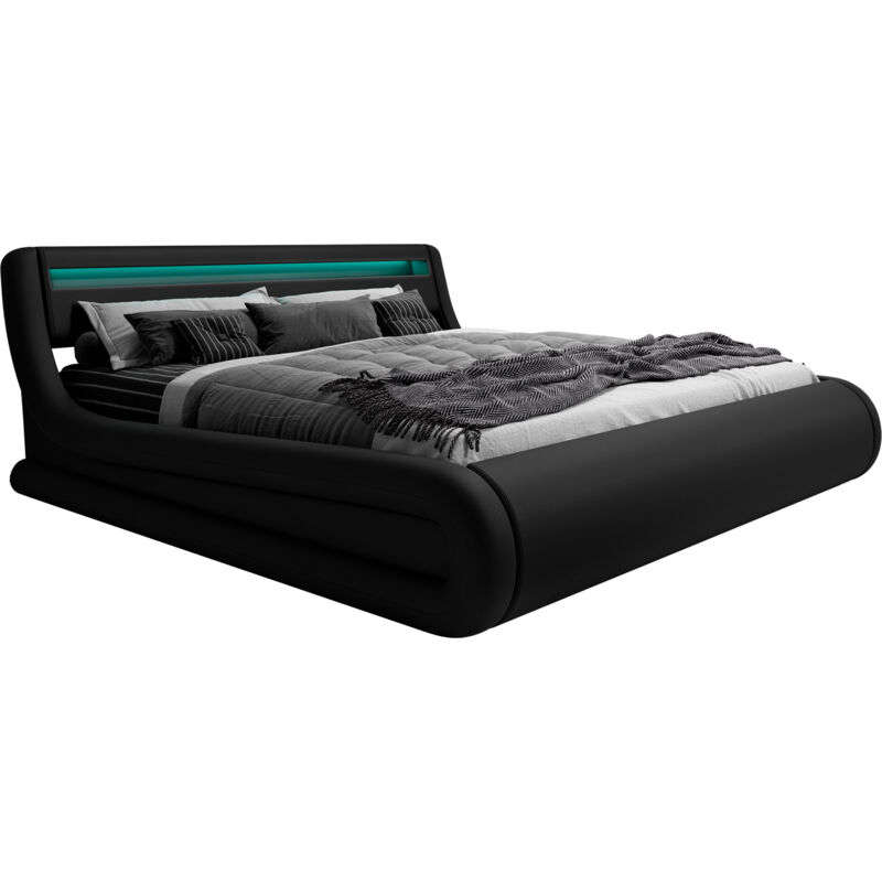 foto del prodotto letto contenitore letto con testiera e rete struttura letto con led nero opaco llegno ed ecopelle modello nitas per materasso 180x200