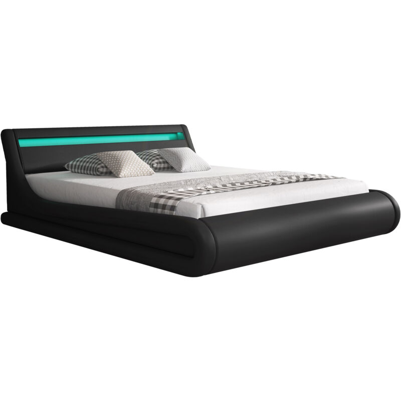 foto del prodotto letto contenitore letto con testiera e rete struttura letto con led nero opaco llegno ed ecopelle modello parisina per materasso 140x190