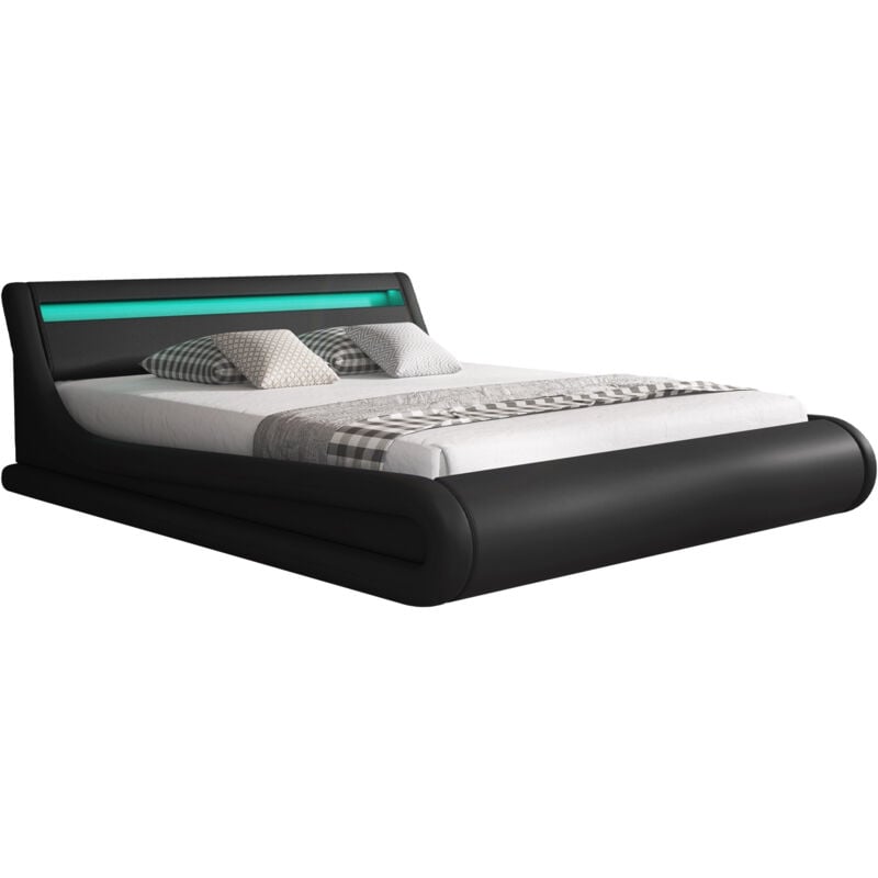 foto del prodotto letto contenitore letto con testiera e rete struttura letto con led nero opaco llegno ed ecopelle modello parisina per materasso 160x200