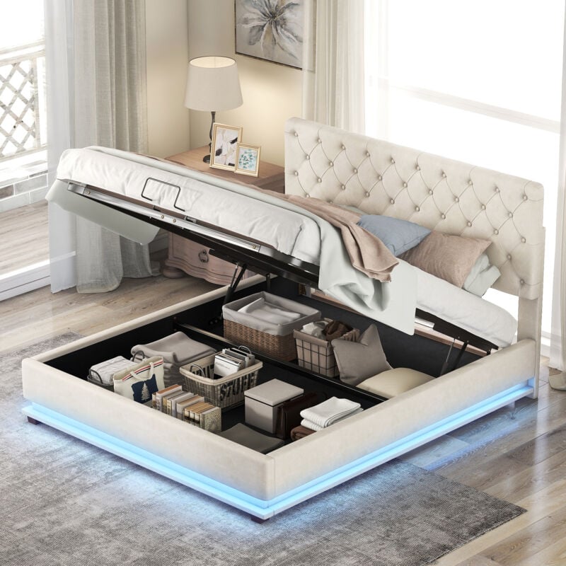 foto del prodotto letto contenitore letto imbottito 140 x 200 cm con led e rete a doghe, lino e mdf, beige