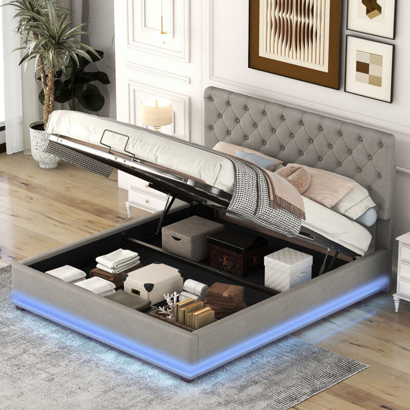 foto del prodotto letto contenitore letto imbottito 140 x 200 cm con led e rete a doghe, lino e mdf, grigio