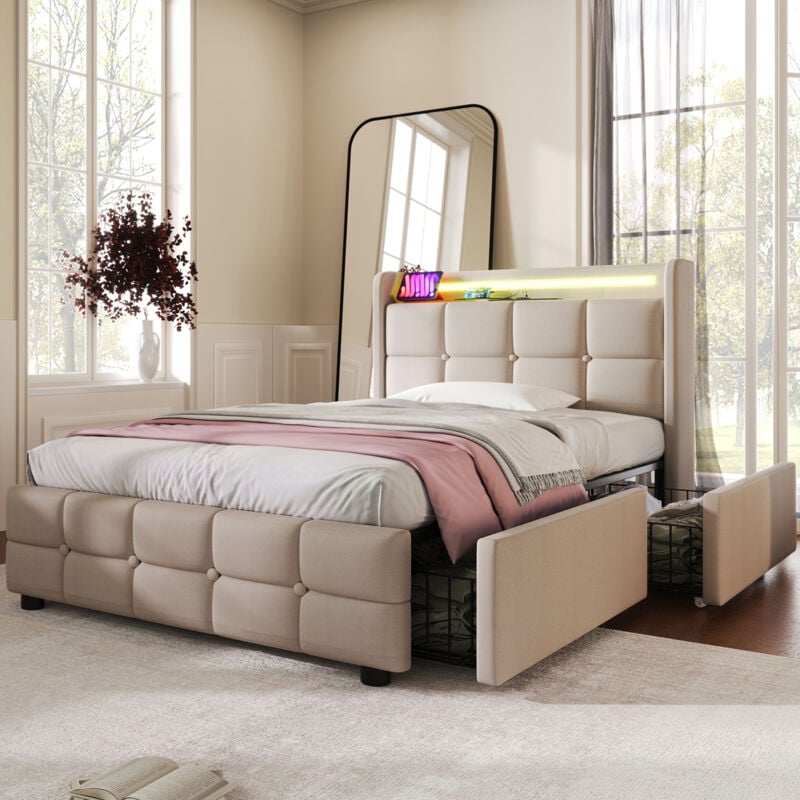 foto del prodotto letto contenitore, letto imbottito 90 x 200 cm, 2 cassetti, ricarica led e usb, lino, beige, materasso incluso