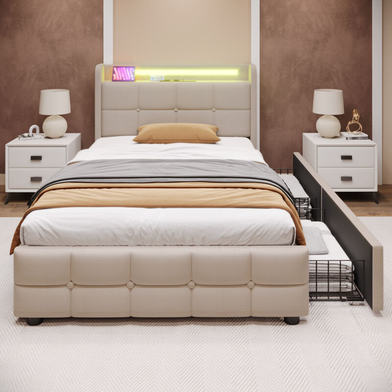foto del prodotto letto contenitore, letto imbottito 90 x 200 cm, 2 cassetti, ricarica led e usb, lino, senza materasso