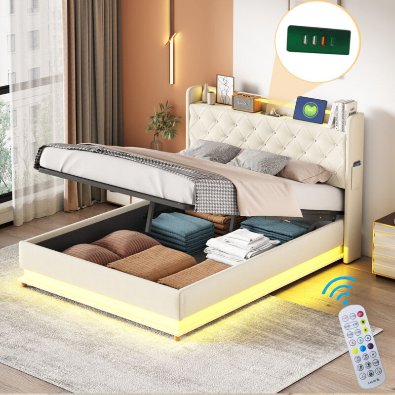 foto del prodotto letto contenitore, letto imbottito a led, con porta di ricarica usb, 140x200 cm, lino, beige