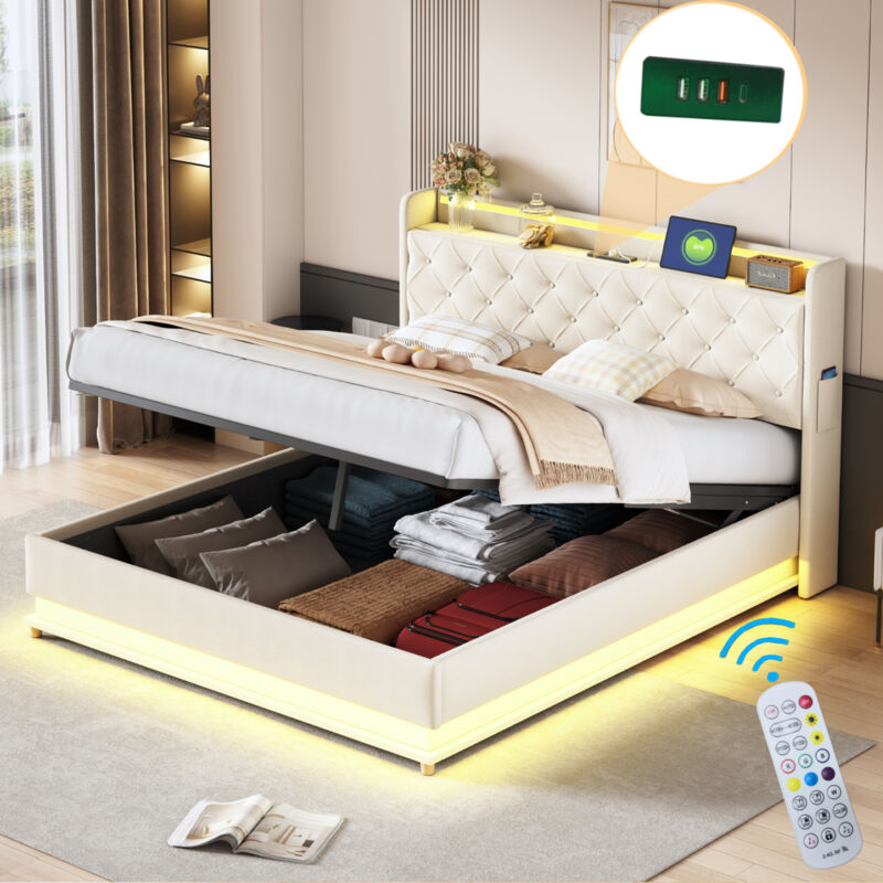 foto del prodotto letto contenitore, letto imbottito a led, con porta di ricarica usb, 160x200 cm, lino, beige