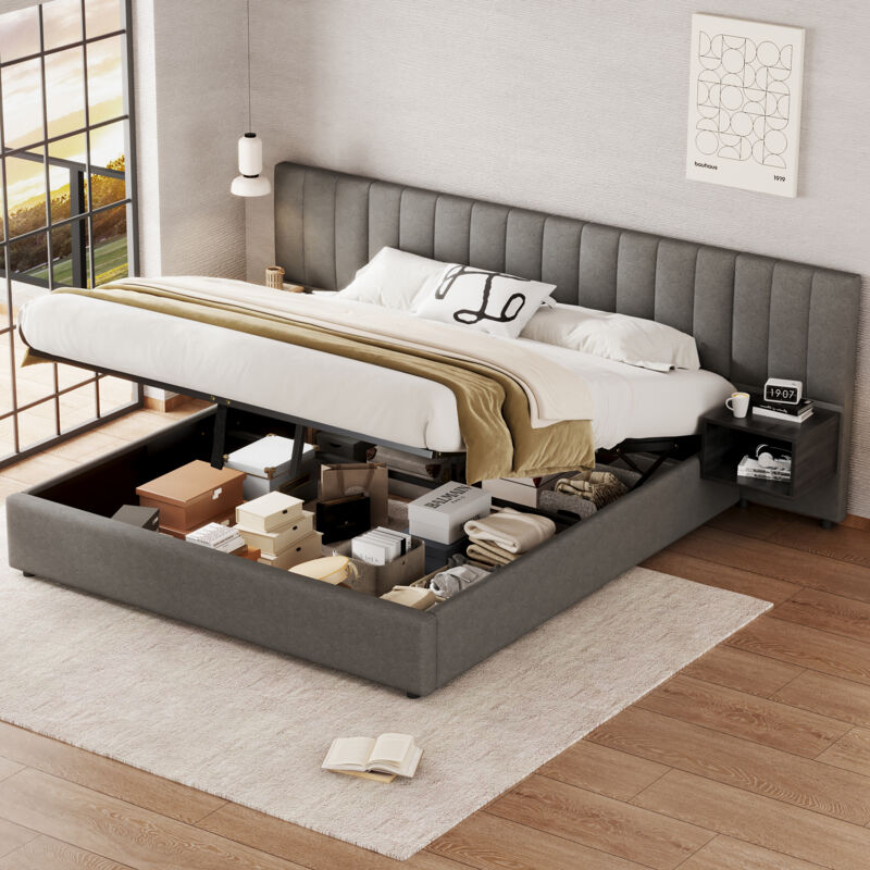 foto del prodotto letto contenitore letto imbottito idraulico per adulti 180 x 200 cm con 2 comodini, rete a doghe in legno, lino, grigio e nero, senza fondo