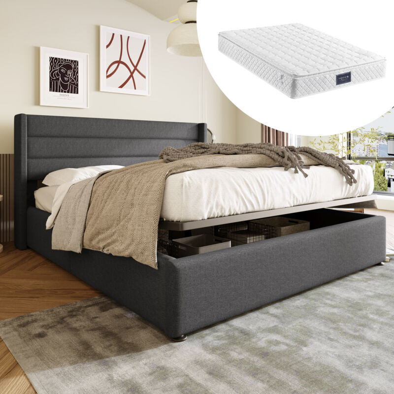 foto del prodotto letto contenitore letto imbottito letto matrimoniale idraulico 140x200 cm, compreso materasso, rete a doghe in legno, letto con rete a doghe in