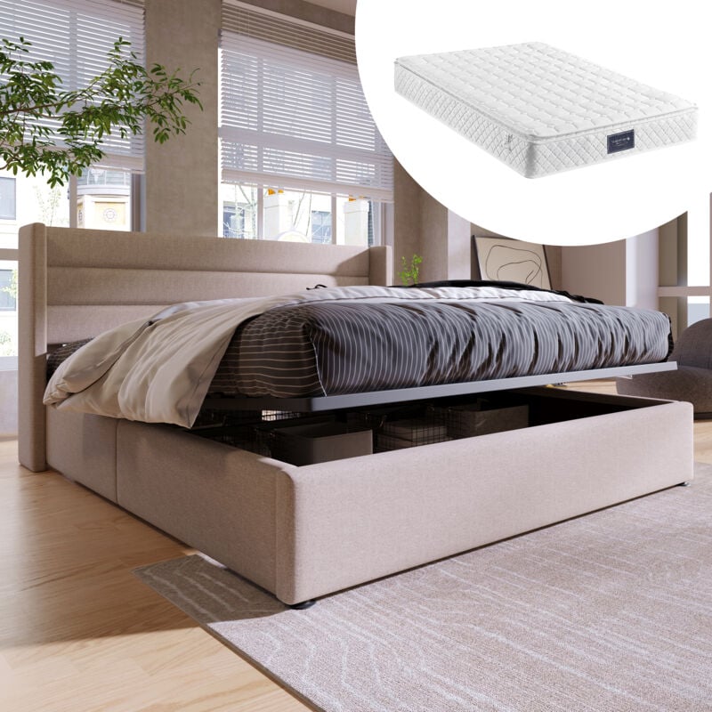 foto del prodotto letto contenitore letto imbottito letto matrimoniale idraulico 140x200 cm, compreso materasso, rete a doghe in legno, letto con rete a doghe in