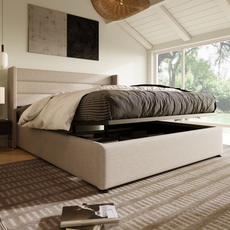foto del prodotto letto contenitore letto imbottito letto matrimoniale idraulico 140x200 cm, rete a doghe in legno, letto con rete a doghe in metallo, lino, beige