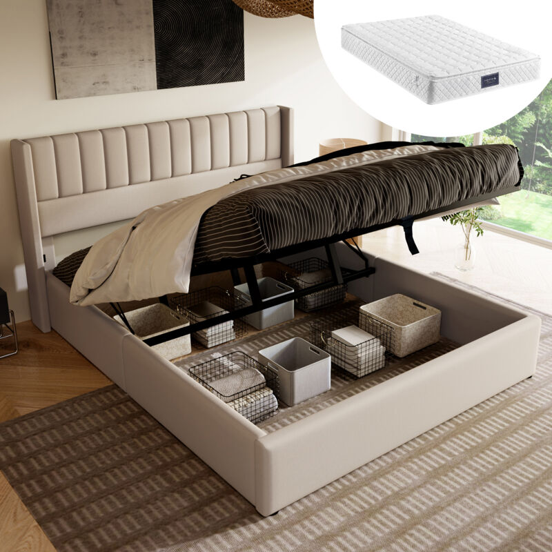 foto del prodotto letto contenitore letto imbottito letto matrimoniale idraulico 160x200 cm, rete a doghe in legno, letto con rete a doghe in metallo, lino, beige con