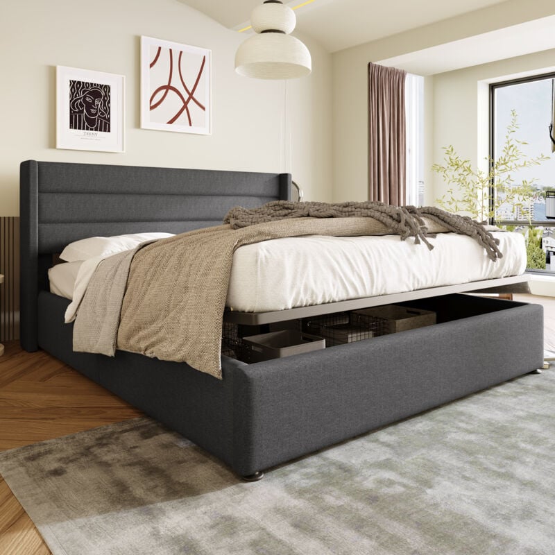 foto del prodotto letto contenitore letto imbottito letto matrimoniale idraulico 160x200 cm, rete a doghe in legno, letto con rete a doghe in metallo, lino, grigio