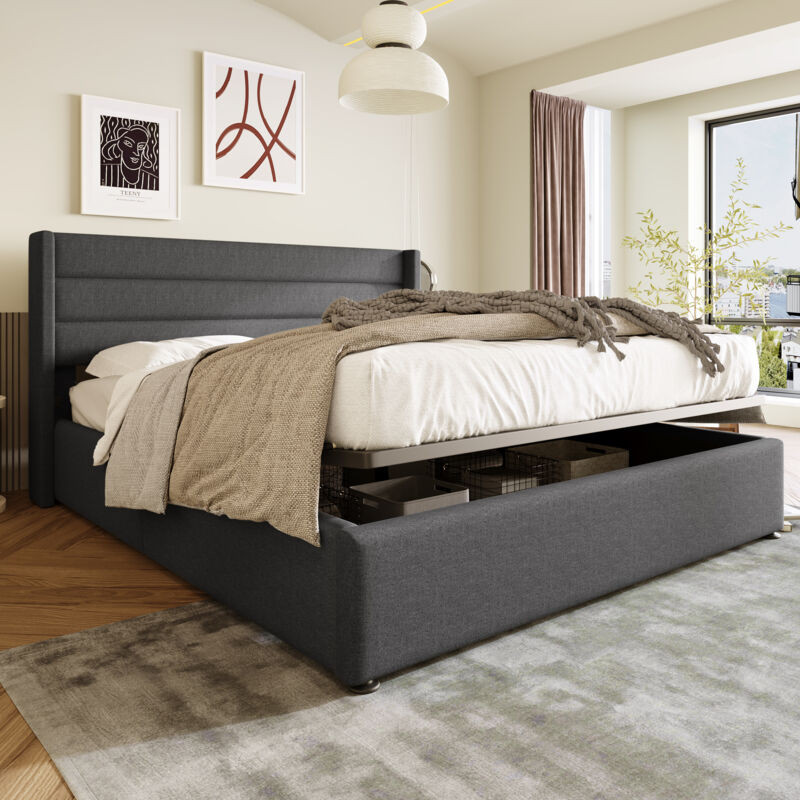 foto del prodotto letto contenitore letto imbottito letto matrimoniale idraulico 180x200 cm, rete a doghe in legno, letto con rete a doghe in metallo, lino, grigio