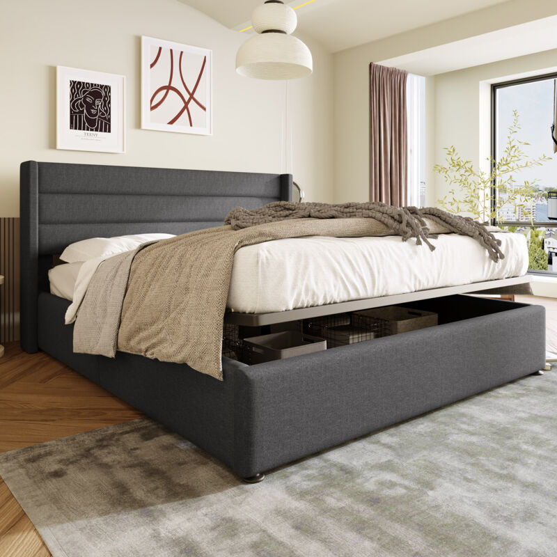 foto del prodotto letto contenitore letto imbottito letto matrimoniale idraulico 180x200 cm, rete a doghe in legno, letto con struttura in metallo rete a doghe, lino,