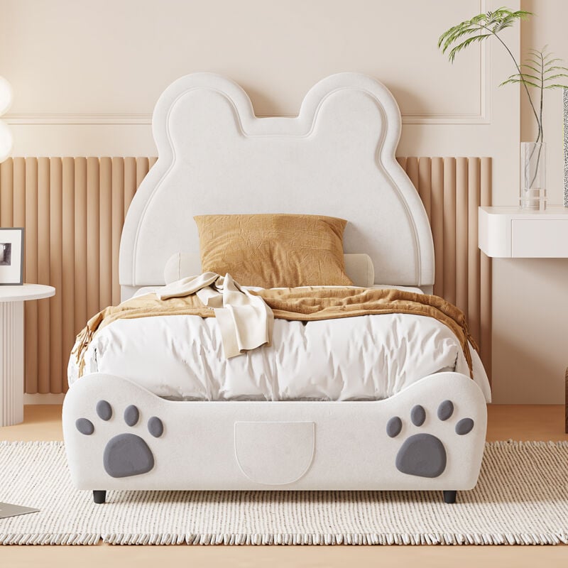 foto del prodotto letto contenitore letto imbottito magnifico letto per bambini, 90 x 200 cm, a forma di orso. letto singolo velluto delicato sulla pelle, bianco
