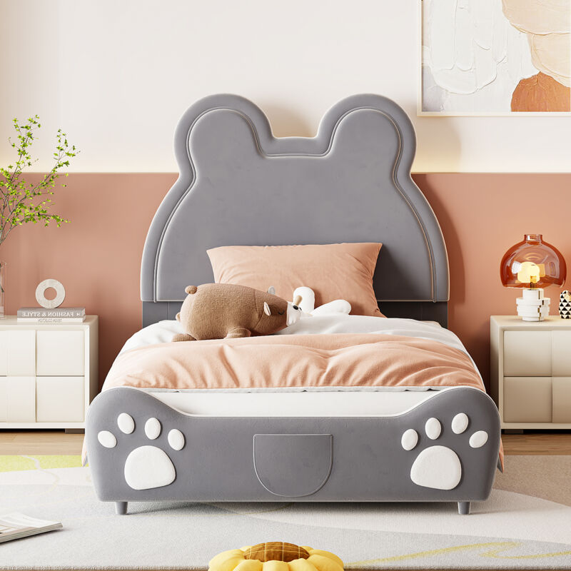 foto del prodotto letto contenitore letto imbottito magnifico letto per bambini, 90 x 200 cm, a forma di orso. letto singolo velluto delicato sulla pelle, grigio
