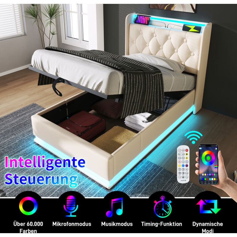 foto del prodotto letto contenitore letto imbottito per adulti 90 x 200 cm con funzione di ricarica led e usb type c, in pu, bianco, senza materasso, senza base