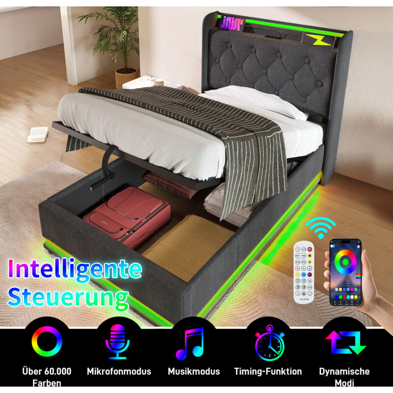 foto del prodotto letto contenitore letto imbottito per adulti 90 x 200 cm con funzione di ricarica led e usb type c, tessuto di lino, grigio, senza materasso, senza