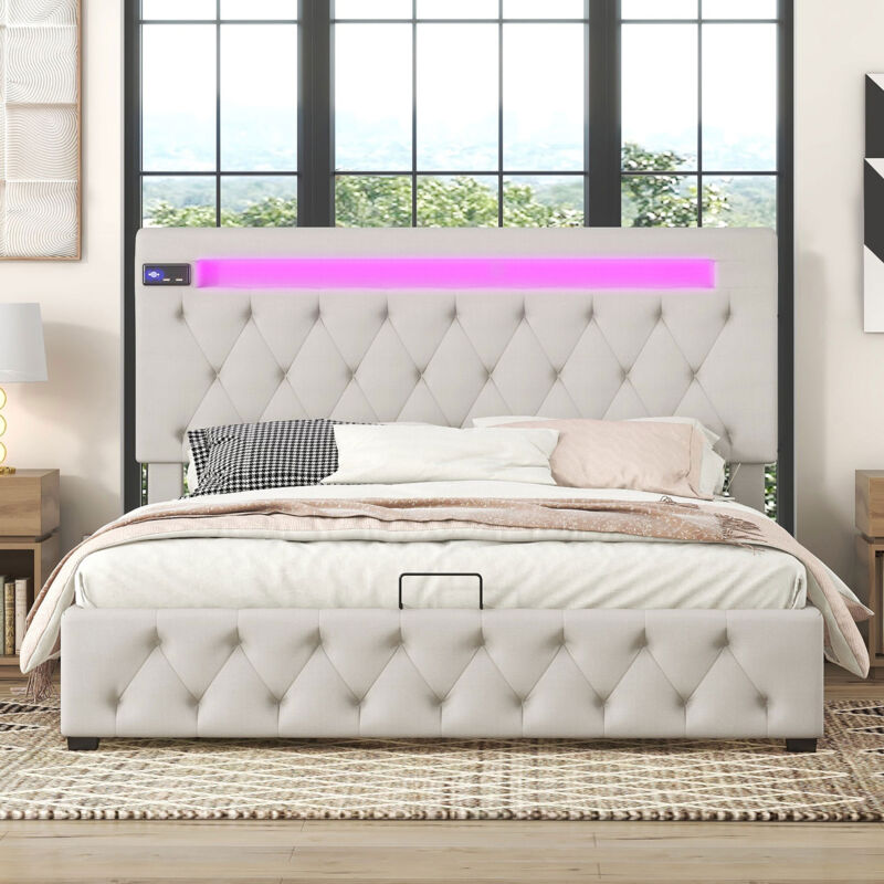 foto del prodotto letto contenitore, letto imbottito usb, led, lettore bluetooth, contenitore, 140x200 cm, testiera regolabile, beige