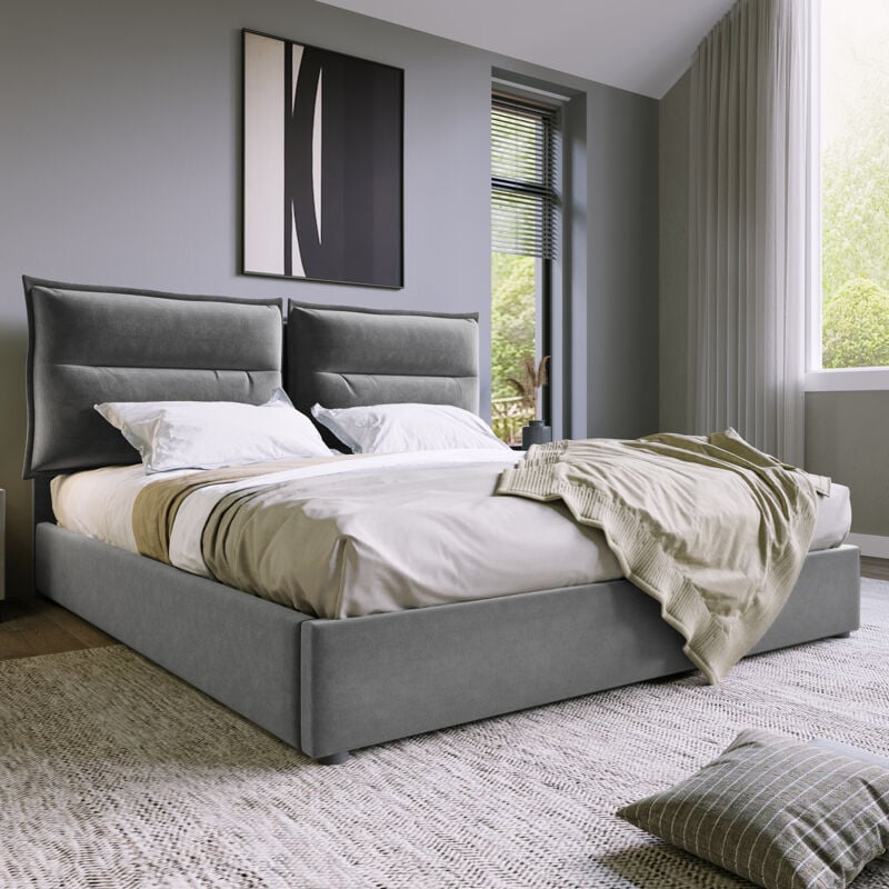 foto del prodotto letto contenitore letto matrimoniale 140 x 200 cm. testa regolabile. rete a doghe. velluto. grigio. senza materasso