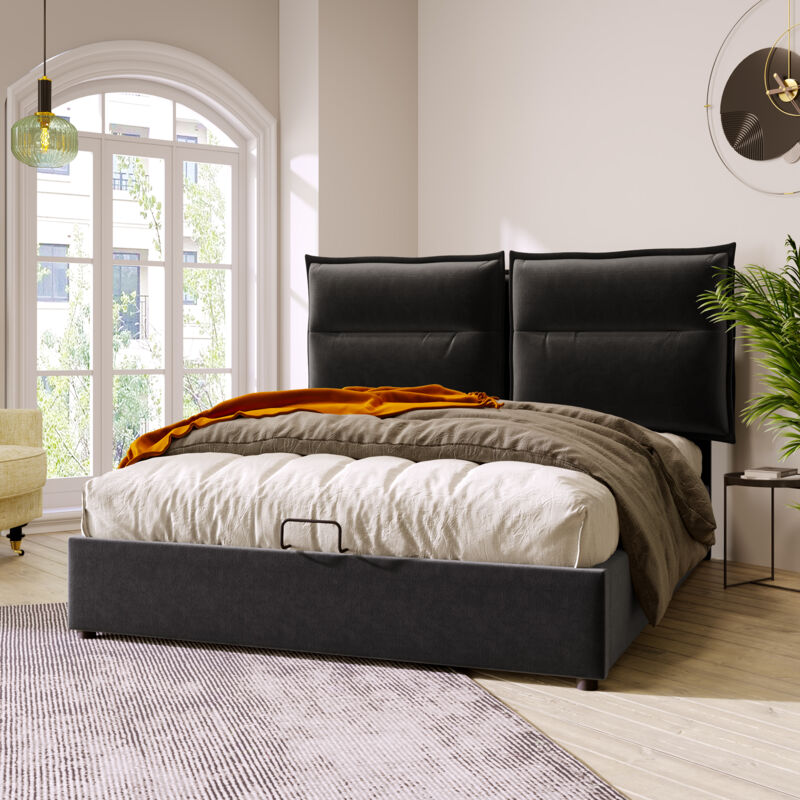 foto del prodotto letto contenitore letto matrimoniale 140 x 200 cm. testa regolabile. rete a doghe. velluto. nero. senza materasso