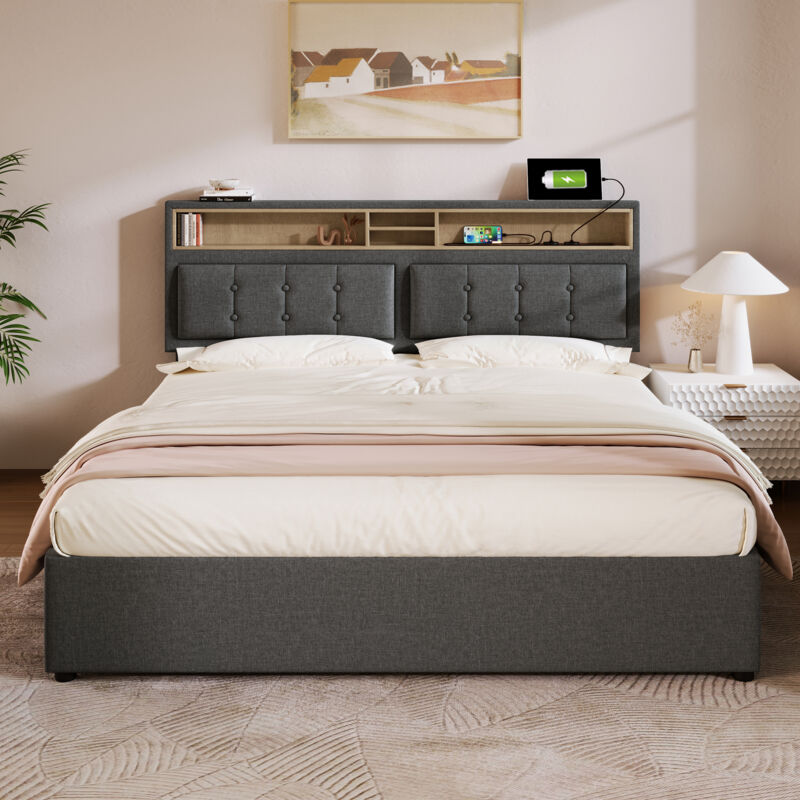 foto del prodotto letto contenitore letto matrimoniale imbottito 140 x 200 cm con presa usb. testiera, lino, grigio, senza materasso