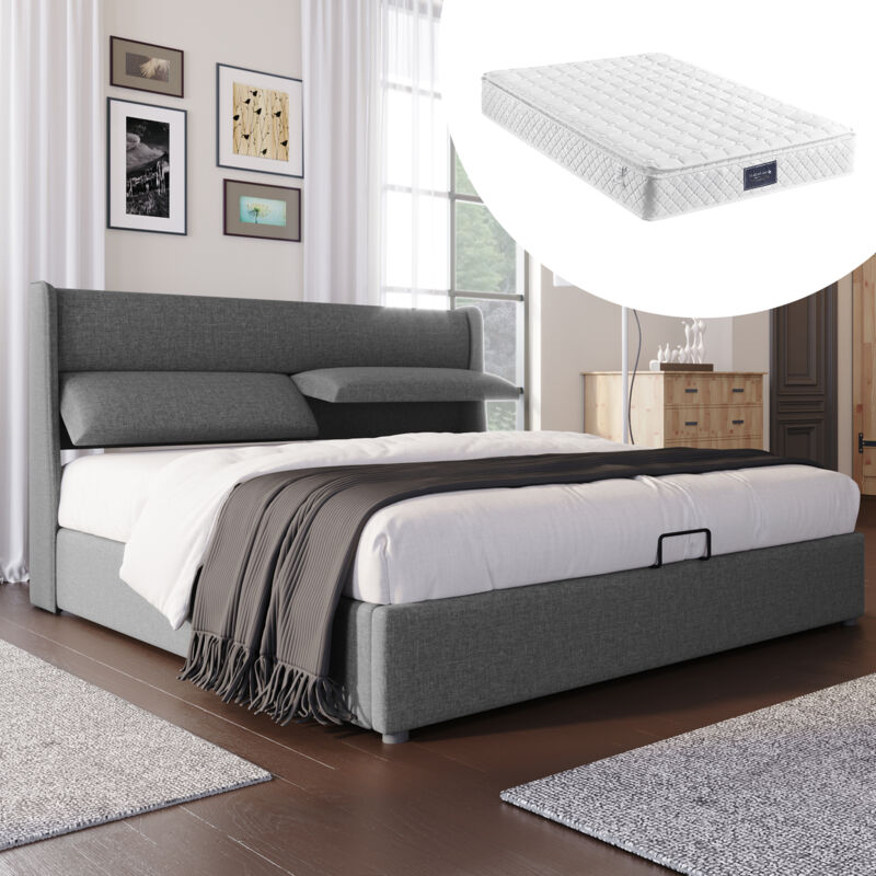 foto del prodotto letto contenitore letto matrimoniale imbottito 140 x 200 cm con testiere regolabili e rete a doghe. materasso incluso. grigio