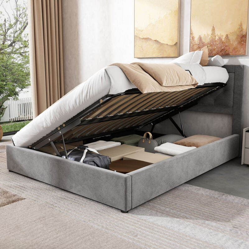 foto del prodotto letto contenitore letto matrimoniale imbottito 140 x 200 cm in acciaio con contenitore estraibile a sinistra e a destra, testiera imbottita in