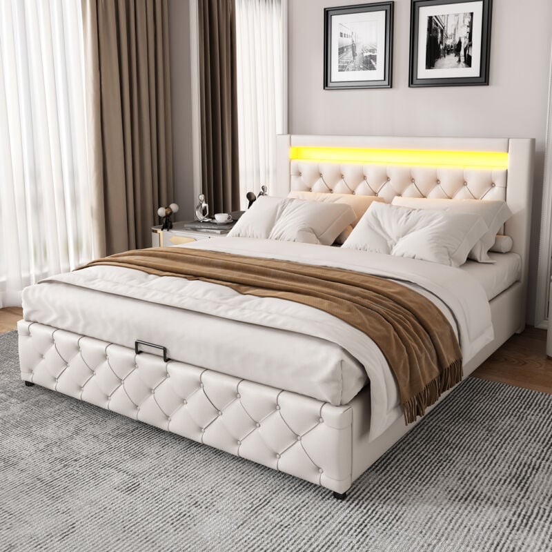 immagine 0 del prodotto letto contenitore letto matrimoniale imbottito 160 x 200 cm con rete a doghe illuminazione led, pu, bianco