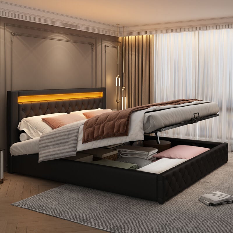 foto del prodotto letto contenitore letto matrimoniale imbottito 160 x 200 cm con rete a doghe illuminazione led, pu, nero