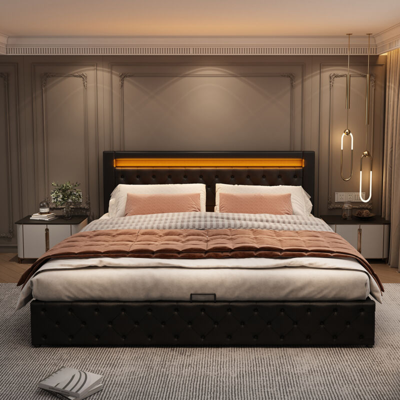 foto del prodotto letto contenitore letto matrimoniale imbottito 160 x 200 cm con rete a doghe illuminazione led, pu, nero