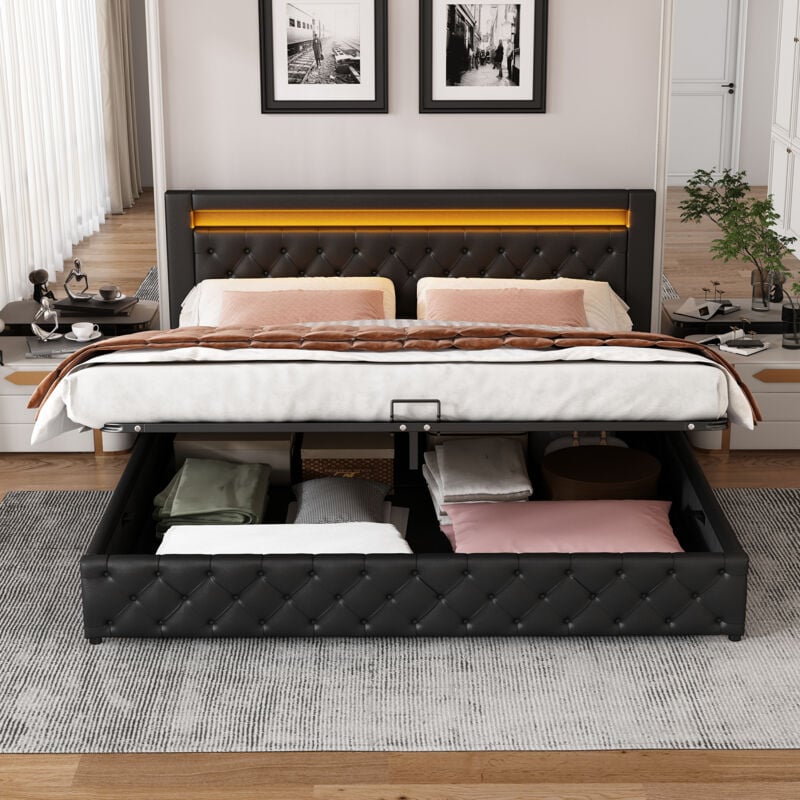 foto del prodotto letto contenitore letto matrimoniale imbottito 180 x 200 cm con rete a doghe illuminazione led, pu, nero
