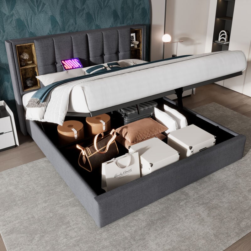 foto del prodotto letto contenitore letto matrimoniale imbottito 180 x 200 cm con ricarica wireless usb c, rete a doghe in legno e cotone grigio, senza materasso