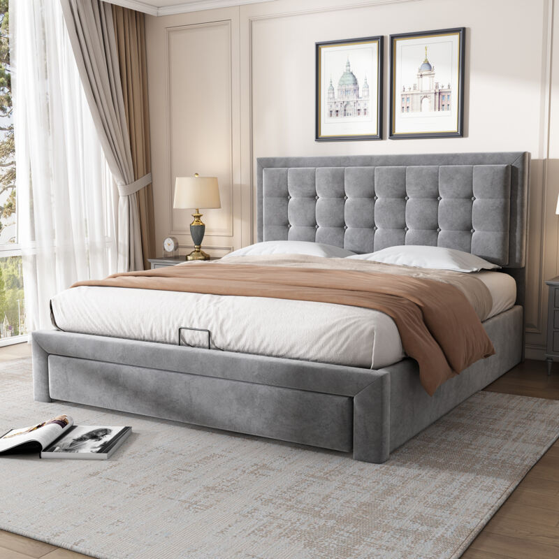 foto del prodotto letto contenitore letto matrimoniale imbottito per adulti 140 x 200 cm con 2 cassetti e rete a doghe in legno, velluto, grigio