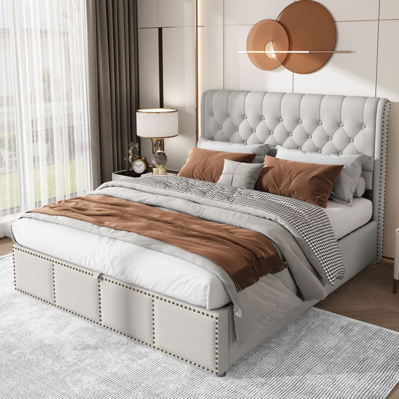 foto del prodotto letto contenitore letto matrimoniale imbottito per adulti 140 x 200 cm con leva idraulica, in cotone lino, grigio, senza materasso