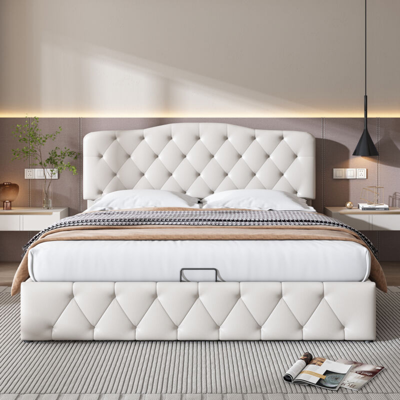 foto del prodotto letto contenitore letto matrimoniale imbottito per adulti 140 x 200 cm con rete a doghe e testiera regolabile, similpelle, bianco