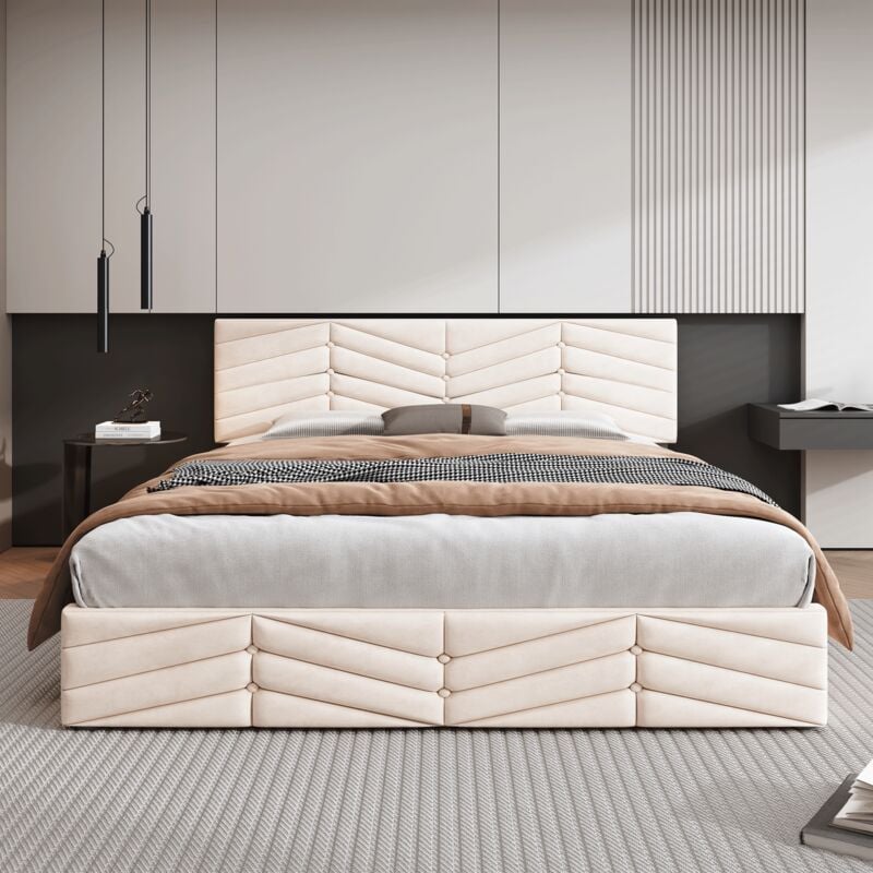 foto del prodotto letto contenitore letto matrimoniale imbottito per adulti 140 x 200 cm con testiera regolabile in altezza, velluto, beige